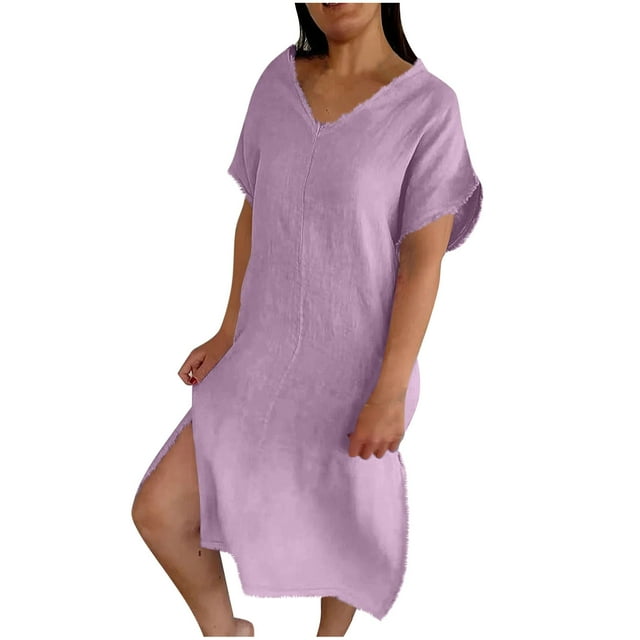 Liquidation d'Été 2025! Robe Grande Taille pour Femmes, Liquidation d'Été pour Femmes, Mode Robe d'Été Décontractée à Col en V Manches Courtes Unie pour la Plage
