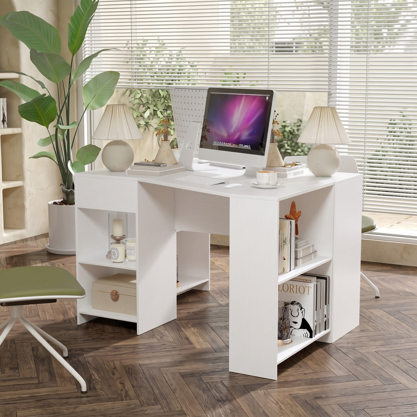 Furnibear 48 Inch L Shaped Corner Computer Desk with Drawer and Shelves, Executive Home Office Writing Gaming Workstation Table, Engineered Wood Study Desk, White
