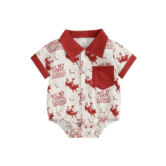 EYIIYE Infant Baby Boy Summer Romper 3M 6M 12M 18M Newborn Short Sleeve Shirt Jumpsuit Lapel Neck Bodysuit Button Down Horse Print T-shirt Toddler Fashiom Cute Cowgirl Clothes FOR Casual Daily