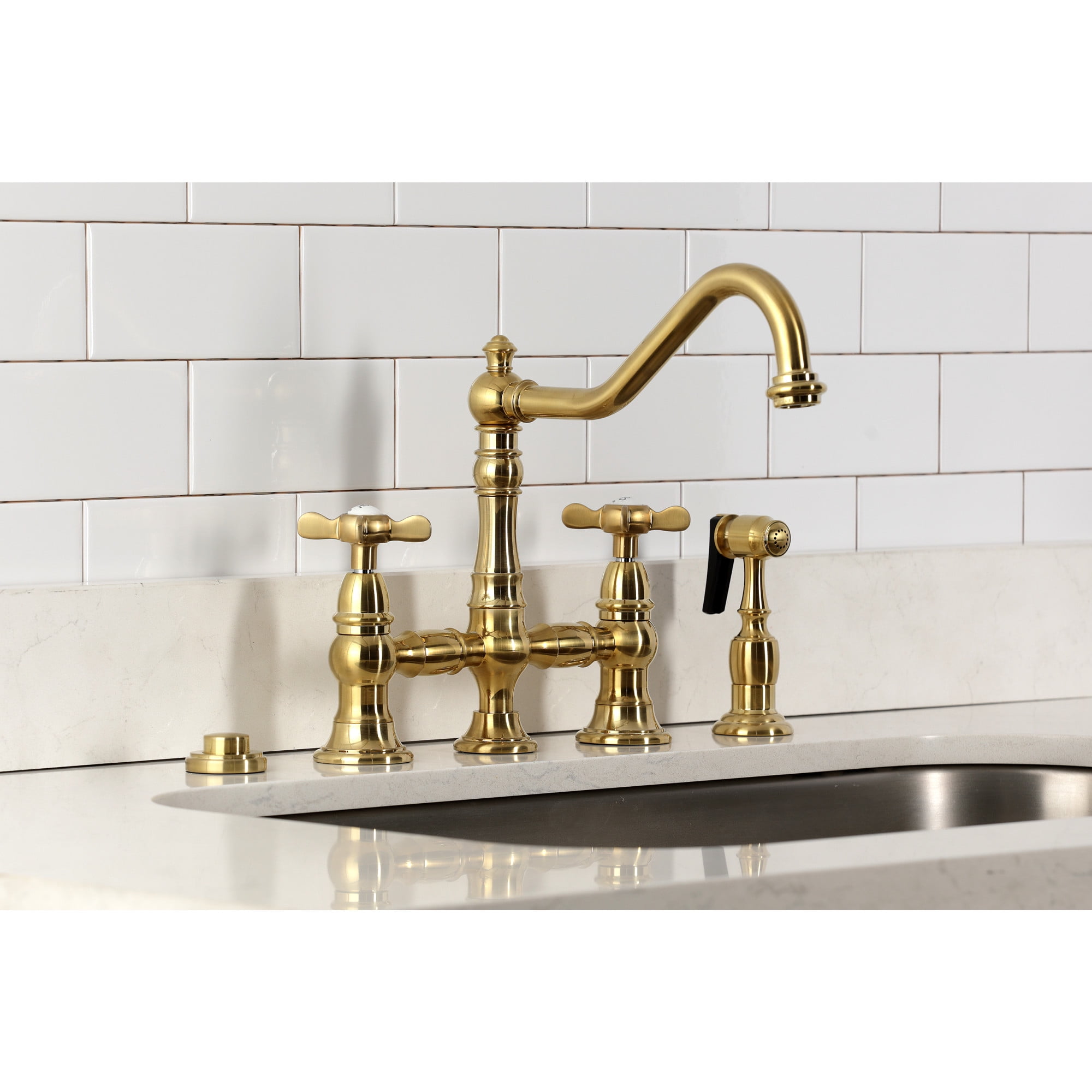 Kingston Brass KS3277BEXBS Essex Two-Handle 4-Hole Deck Mount Bridge Kitchen Faucet with Brass Side Sprayer in Brushed Brass