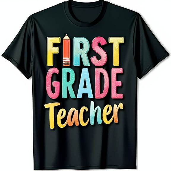 Colorful First Grade Teacher Graphic Black T-Shirt with Sparkly Design