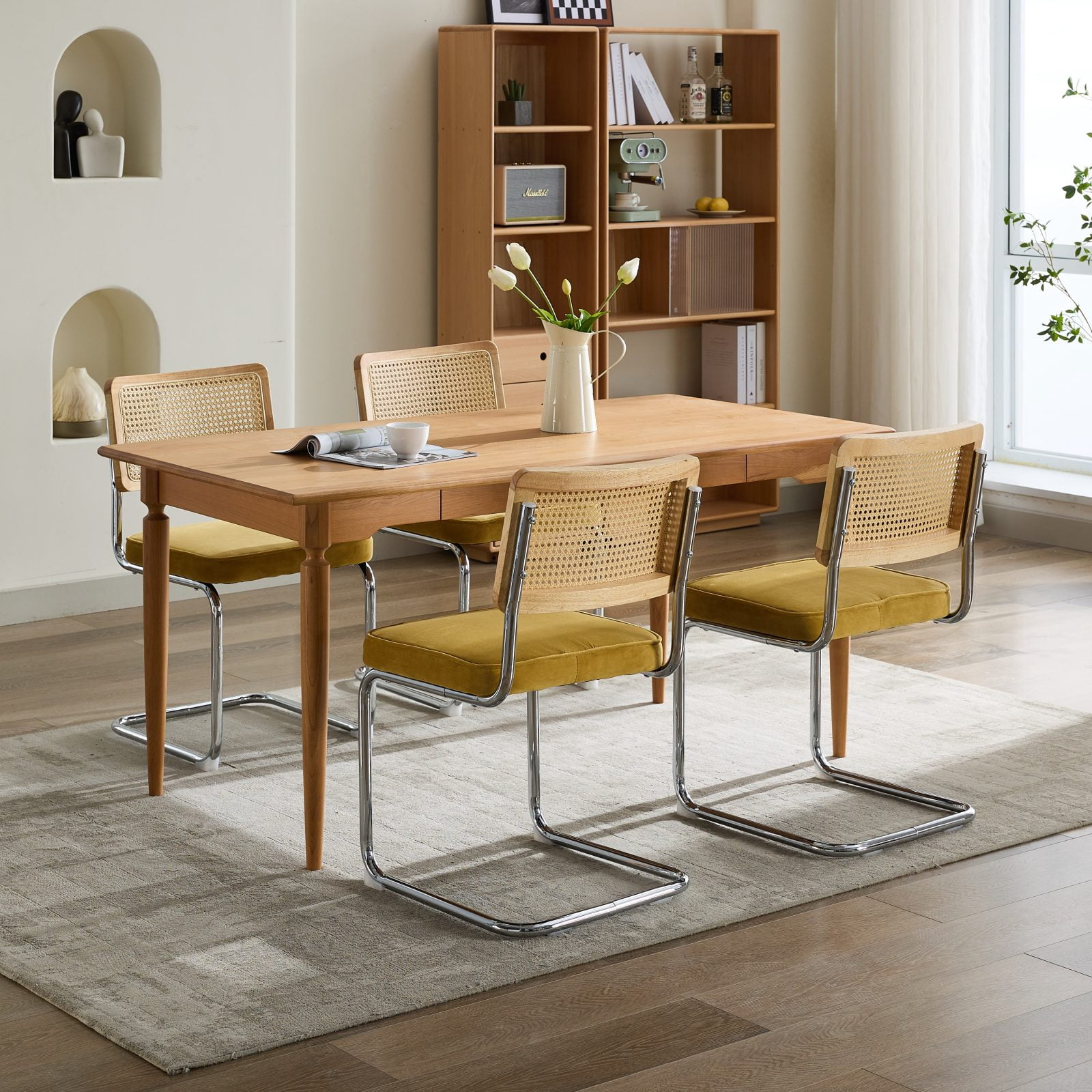 Aukfa Velvet Dining Chair Set of 2, Cantilever Upholstered Kitchen Side Chairs Accent Chair with Rattan Back & Stainless Chrome BaseGold