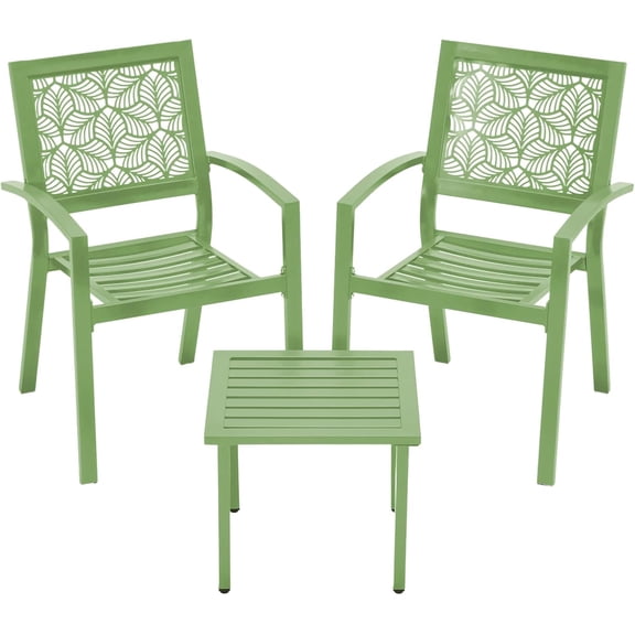3 Piece Patio Bistro Set, Outdoor Steel Furniture Set, Stackable Modern Conversation Sets for Balcony Garden Deck Patio w/2 Chairs 1 Table, Sauge Green