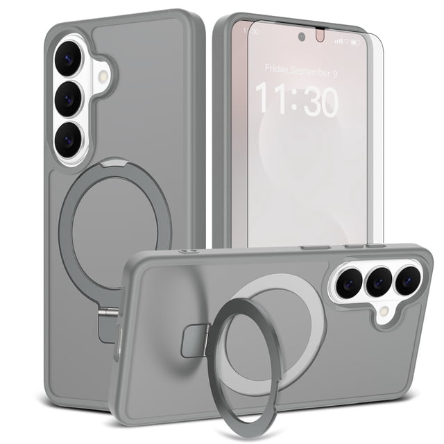 Asuwish Phone Case for Samsung Galaxy S26 5G Tempered Glass Screen Protector Magnetic Folding Stand Frosted Translucent Rugged Shockproof Protective Cell Cover S 26 26S 26 26S Women Men Grey