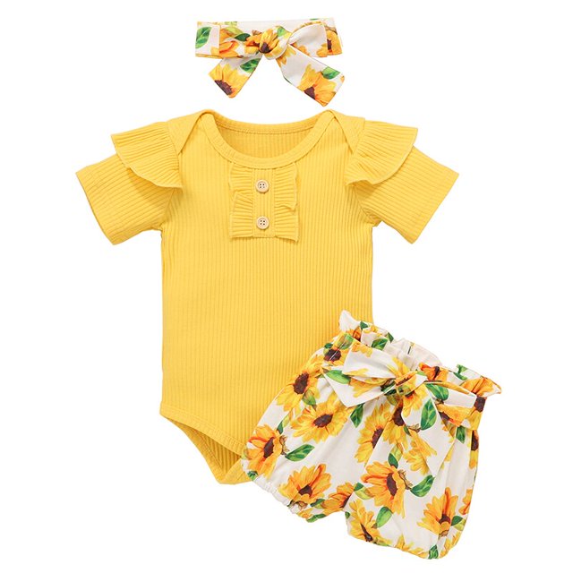 Conjunto de ropa para niña recién nacida, Pelele de manga corta de verano de Color sólido, pantalones cortos de flores, diadema, traje de 3 uds, ropa infantil para recién nacido Tan Jianjun unisex