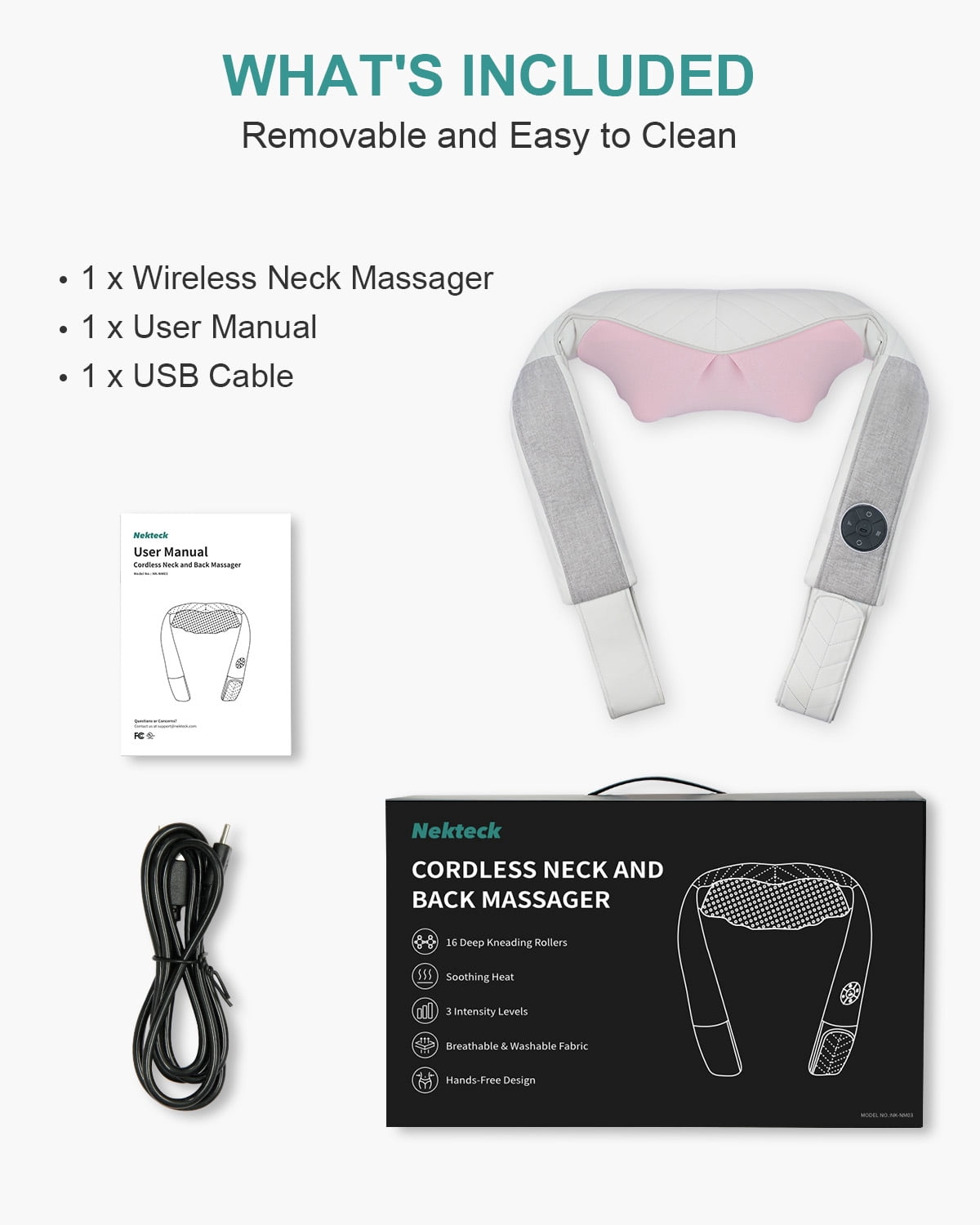 Nekteck Neck Massager Cordless Shiatsu Neck and Should Massager with Heat for Pain Relief Deep Tissue, Portable Kneading Back Massage Pillow, Gifts for Mom Dad Women Men, Office/Work/Car/Home Use