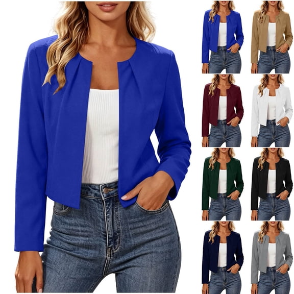 Dvprdro Womens Cropped Blazer Crew Neck Ruched Short Jacket Long Sleeve Solid Casual Work Office Outwear