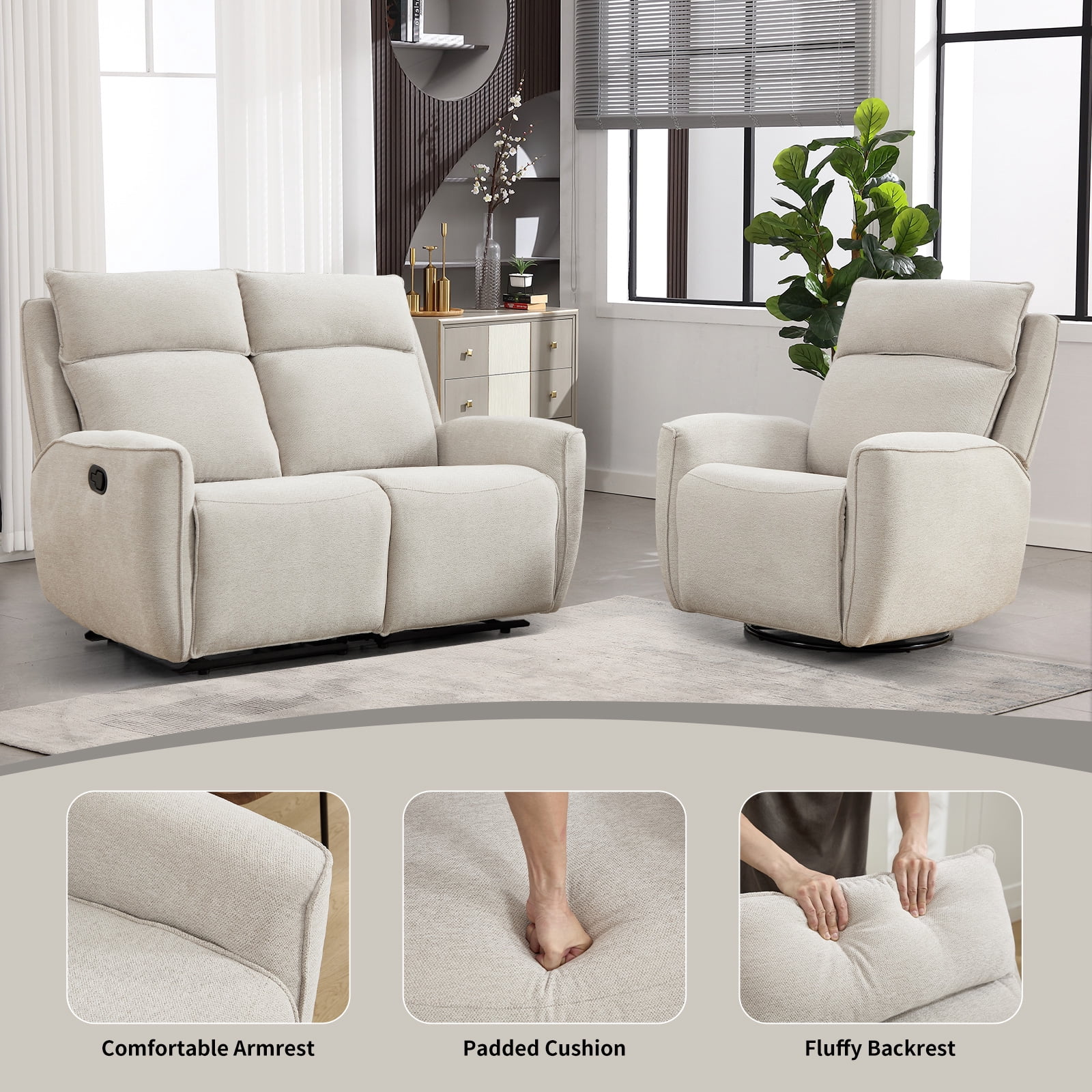 Bonzy Home Fabric Manual Recliner Sofa Set — Single Recliner & Loveseat with Center Console, Hidden Storage & Cup Holders