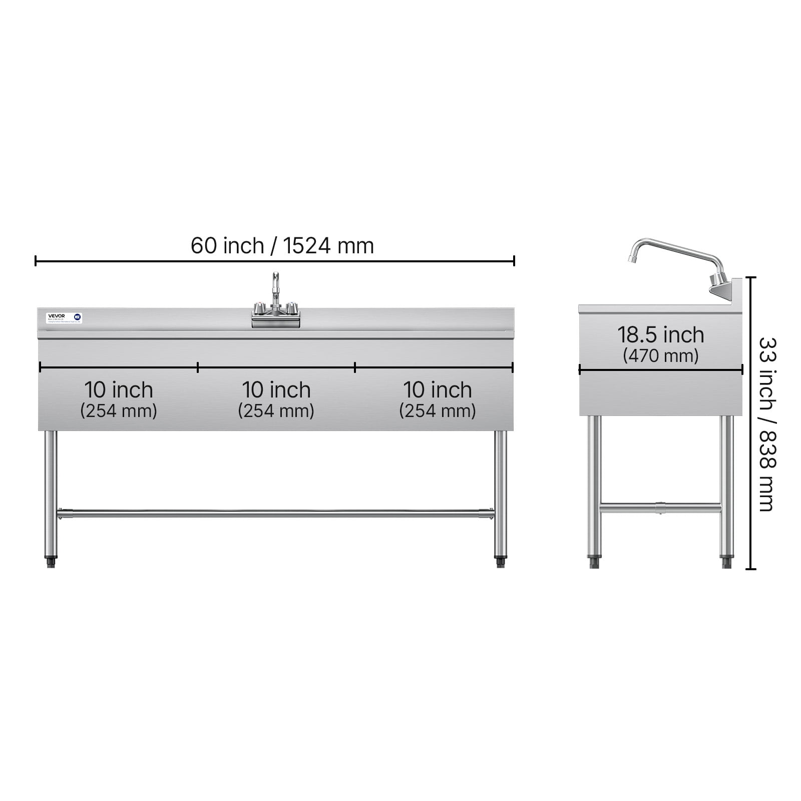 VEVOR 3 Compartment Sink, 18-Gauge 304 Stainless Steel, 10" x 14" x 10" Bowl Size, 3 Bay Commercial Under Bar Sink with Double Drainboard and Backsplash for Kitchen, Restaurant, Food Truck & Home Use
