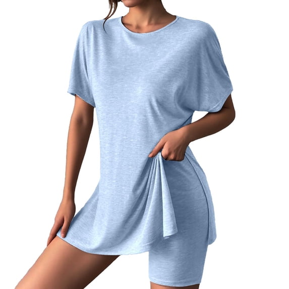 2 Piece Short Sets for Women Summer Dressy High Slit Top Shirt Travel Vacation Airport Outfits Soft Vacation Workout Shorts Sets Matching Clothing