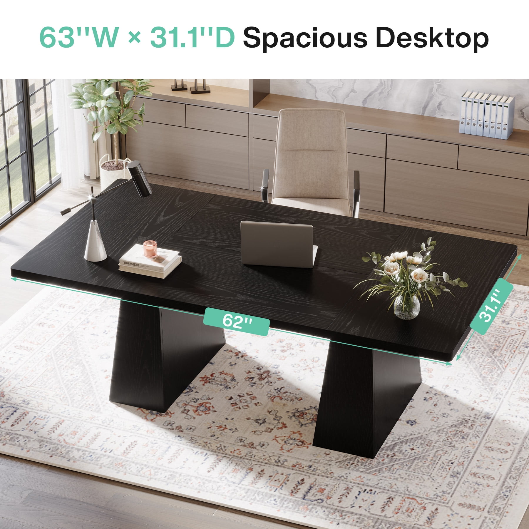 Tribesigns 63" Executive Desk, Modern Office Computer Desk with Double Pedestal, Large Simple Workstations Writing Table Conference Table, Black