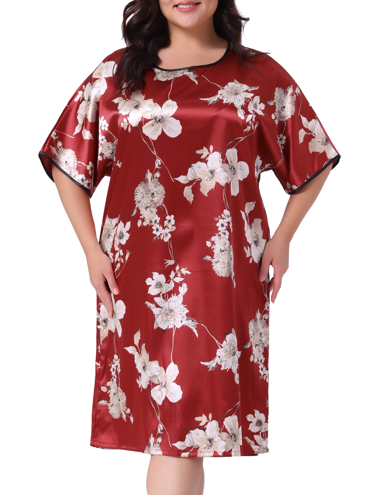 DARING DIVA Women's Plus Size Satin Floral Short Sleeve Round Neck Nightgown 1X Red