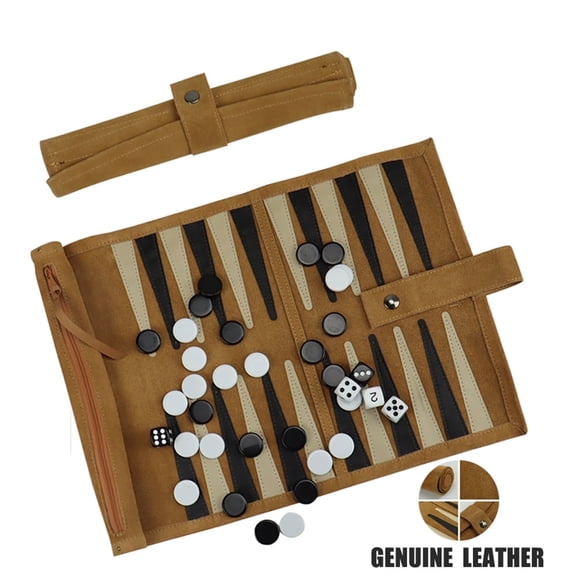 DGZEOLOO Roll-Up Backgammon Set for Adults - Genuine Leather Travel Board Game with 30 Checkers, 2 Dice and Doubling Cube, Portable 2-Player Classic Strategy Game, 14