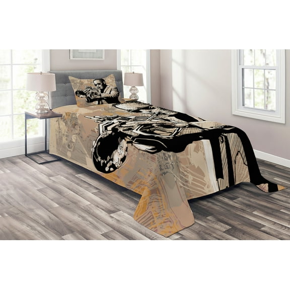 Ambesonne Beige Black Quilted Coverlet 2 Pcs, Musician, Twin Size, Beige Black