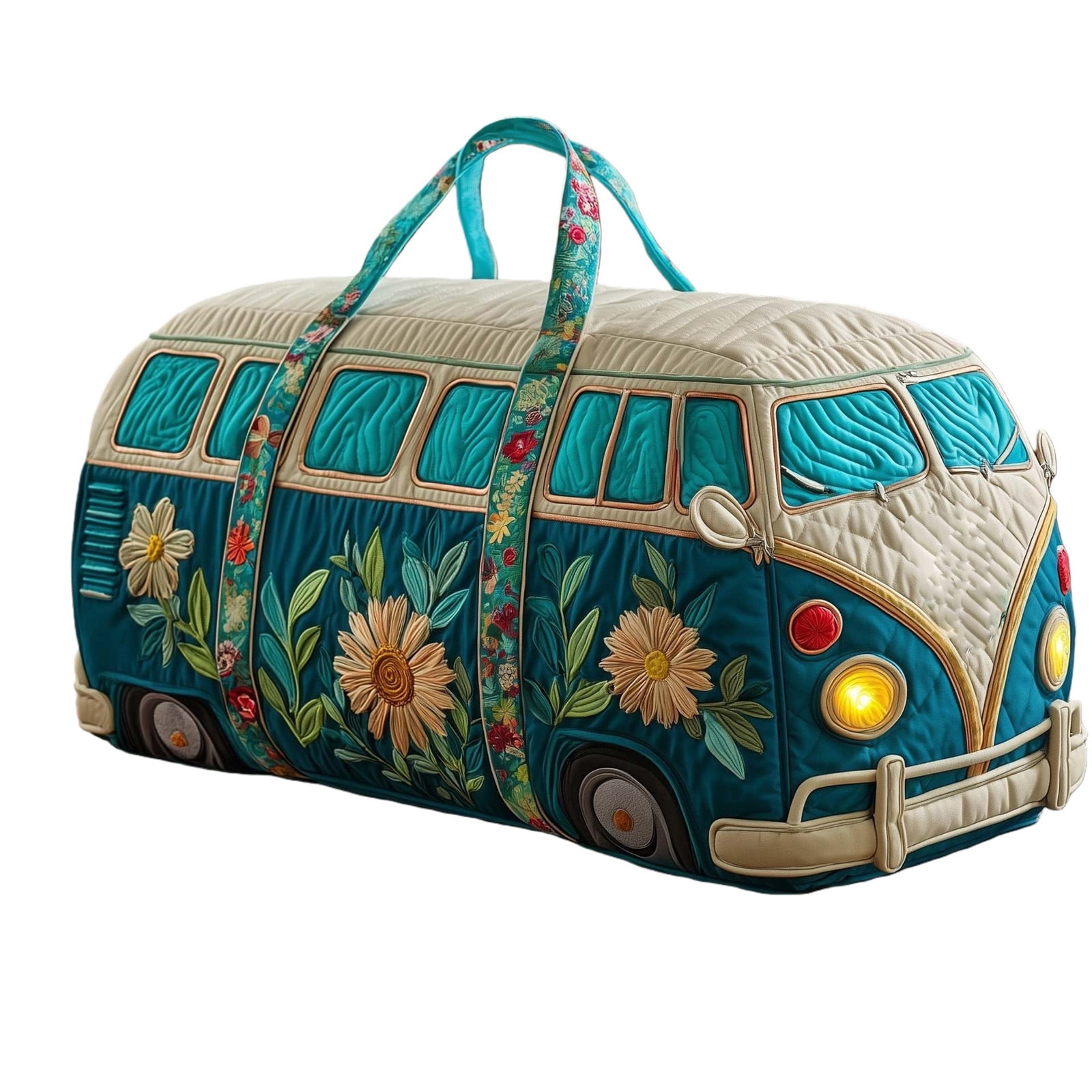 Hippie Van Quilted Duffle Bag, 16"x8"x8" Vintage Boho Canvas Weekender for Women, Colorful Psychedelic Travel Carry-On, Retro Bus Theme Gym Bag with Adjustable Strap(P, 16"x8"x8")