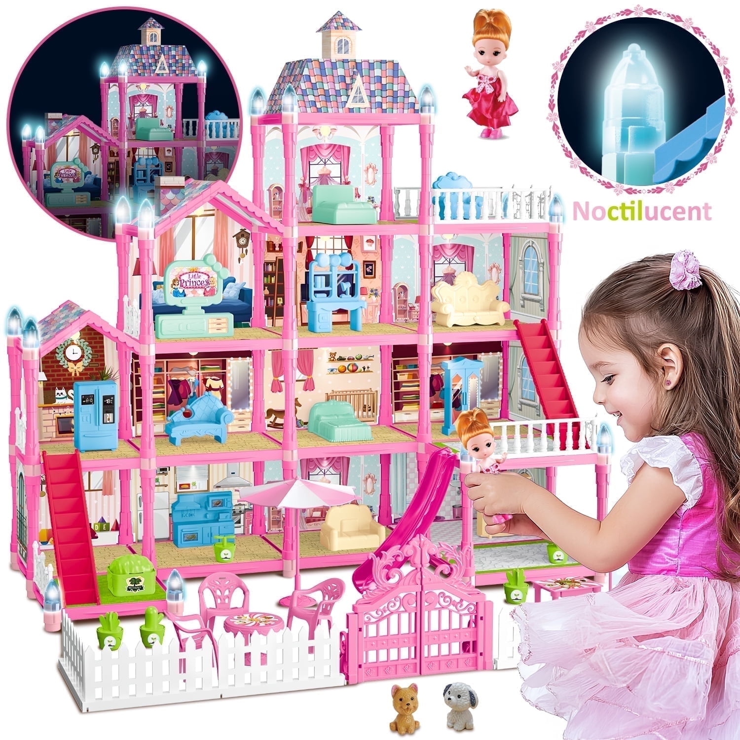 Hot Bee 36 inch Dollhouse Playset, 11 Rooms, Doll Figures, Ideal