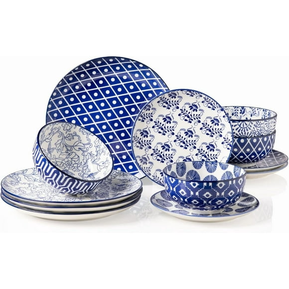 Ensemble d'Assiettes et de Bols pour 4, Ensemble de Vaisselle en Céramique Fait à la Main de 12 Pcs, Ensemble de Vaisselle Très Résistant aux Rayures pour la Cuisine, Ensemble de Vaisselle en Porcelaine Compatible Lave-Vaisselle et Micro-Ondes (Bleu Vintage)