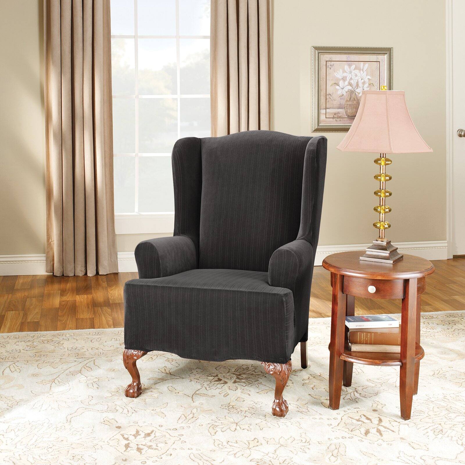Surefit Stretch Pinstripe 2-Piece Wing Chair Slipcover, Black - image 1 of 2