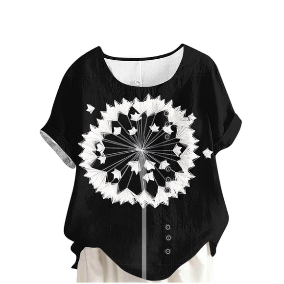 Camisas de Manga Corta para las Mujeres Moda Casual de Manga Corta Cuello Redondo Cómodo Botón de Blusa de Lino Regular Top de Verano de Manga Corta para las Mujeres