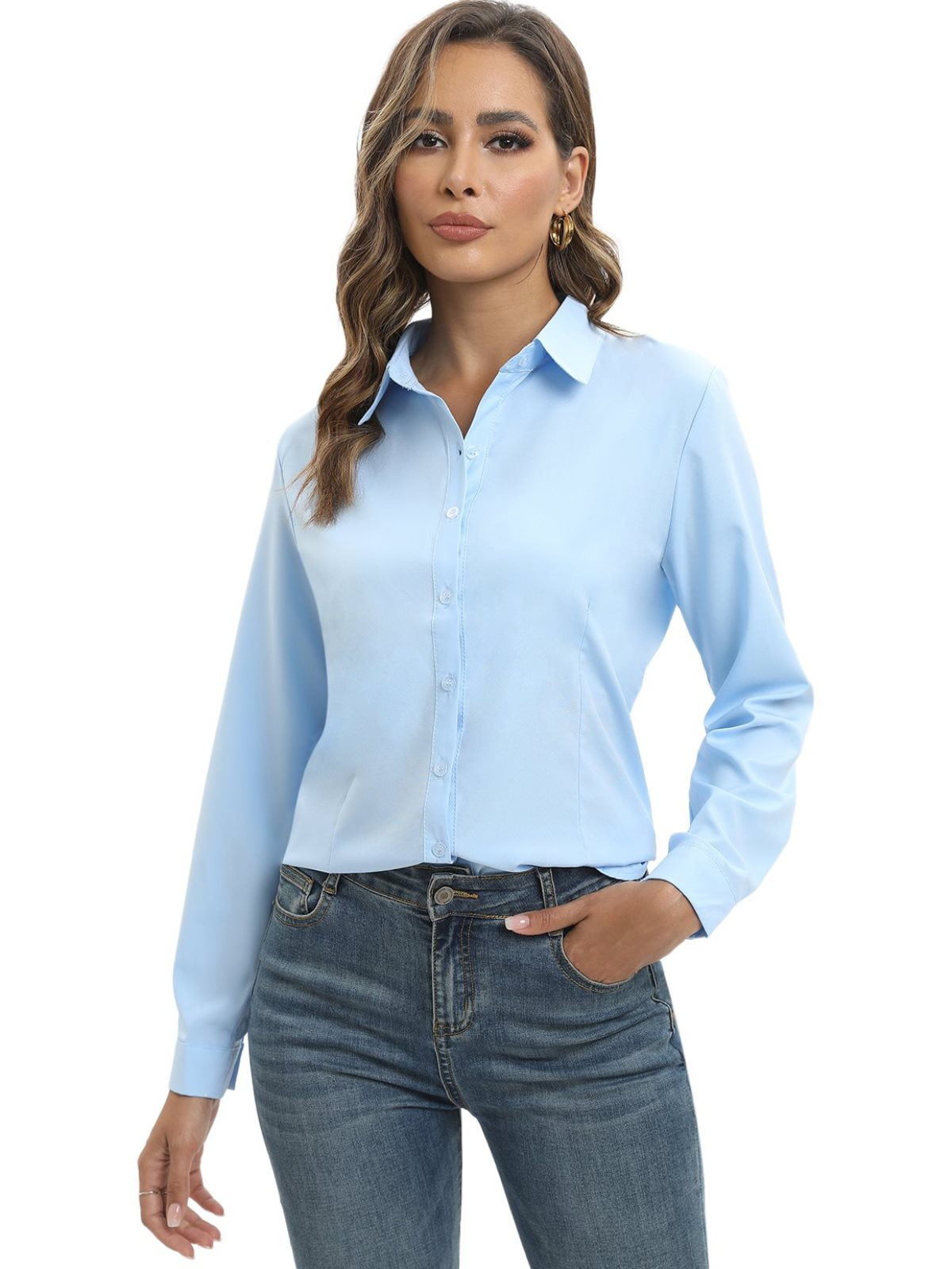 EFINNY Women's Button Down Shirts Long Sleeve Regular Fit Work Office  Blouse,S M L XXL 3XL 4XL 5XL (Plus Size),White Dress Shirts for Women Ladies