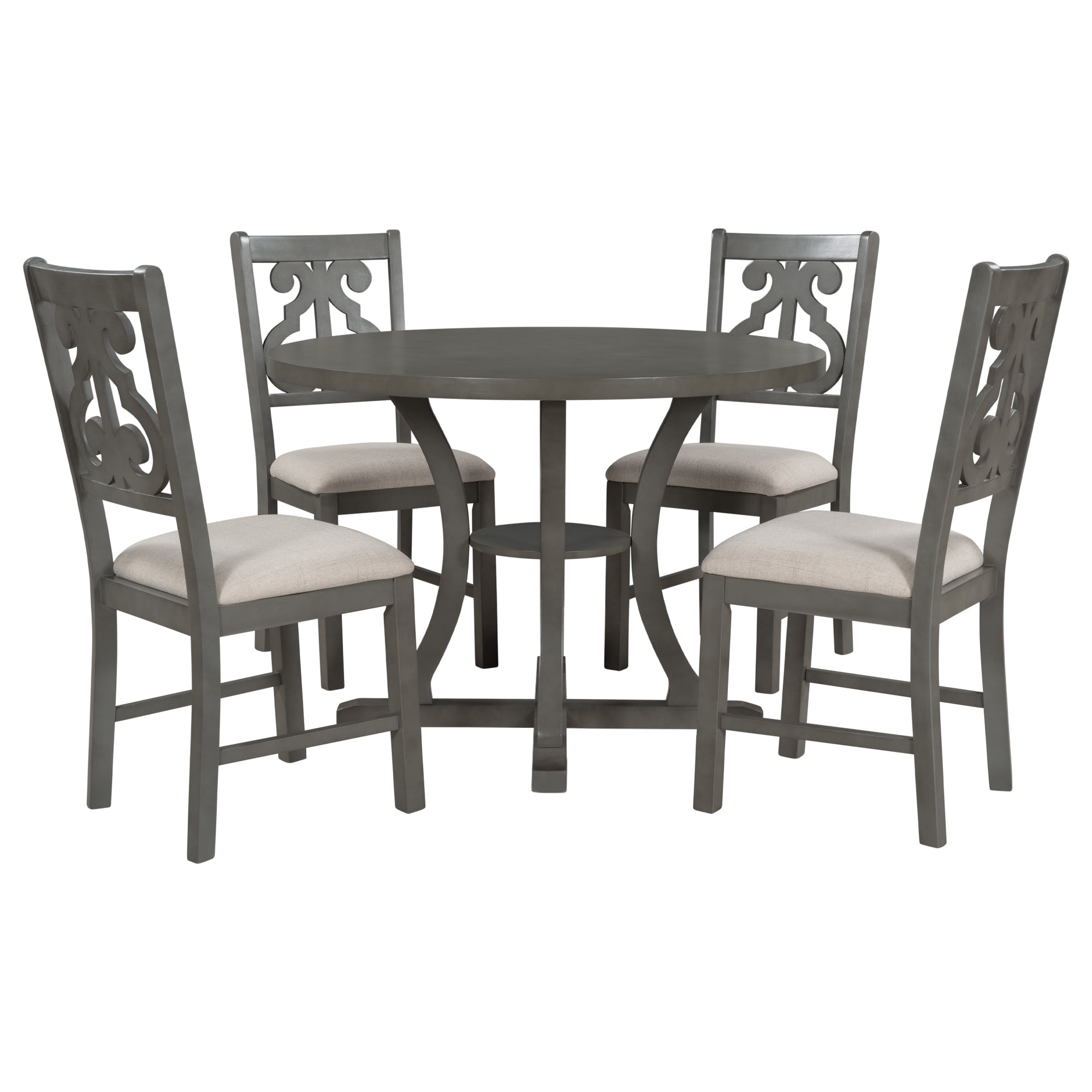 Harper & Bright Designs 5 Pieces Wooden Round Dining Table and Chair Set with Special-shaped Legs and an Exquisitely Designed Hollow Chair Back for Dining Room