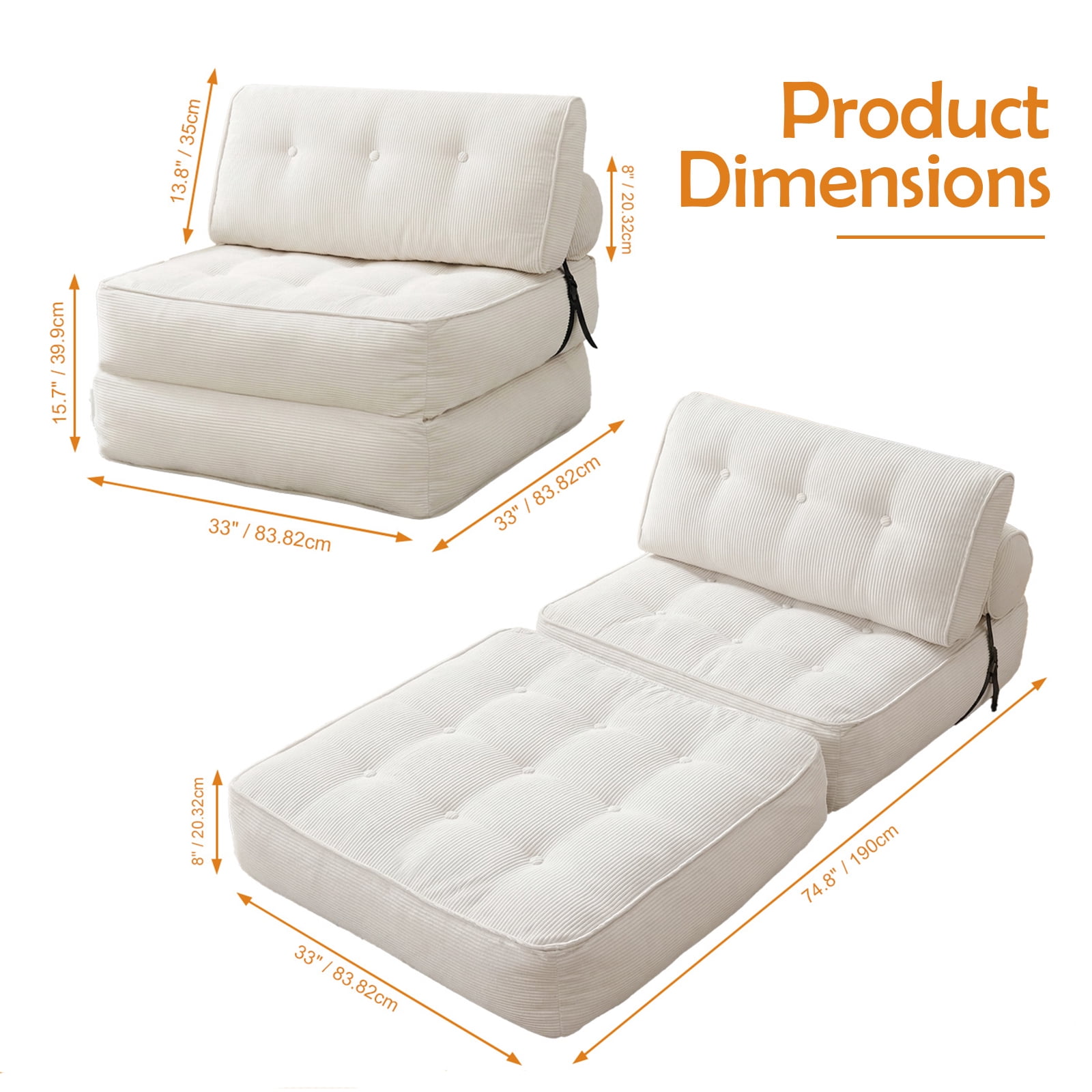 CATGOOD 78" Single Sofa Bed with Pillow, Convertible Sleeper Sofa for Small Spaces, Portable Boneless Small Couch Comfy Floor Sofa Lounge Chair for Living Room, Bedroom, Beige, White