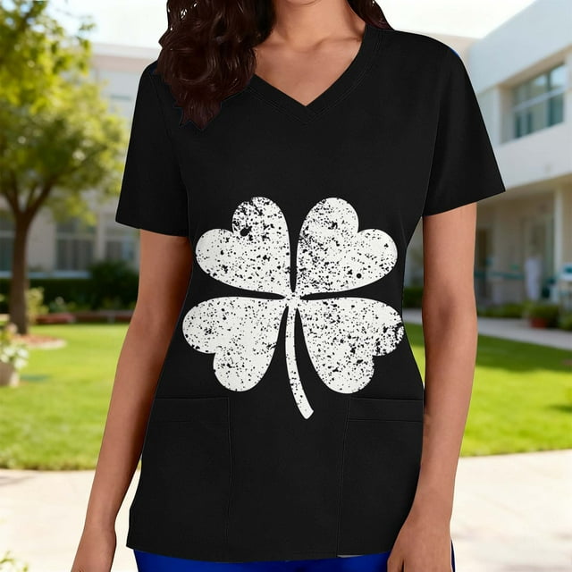 Xuyuer St Patrick's Day V Neck Shirts for Womens Irish Shamrock Graphic Tee Funny Lucky Heart Printed Short Sleeve Shirts Tops Women's V Neck T Shirts Casual Short Sleeve Summer Tops Loose Fit