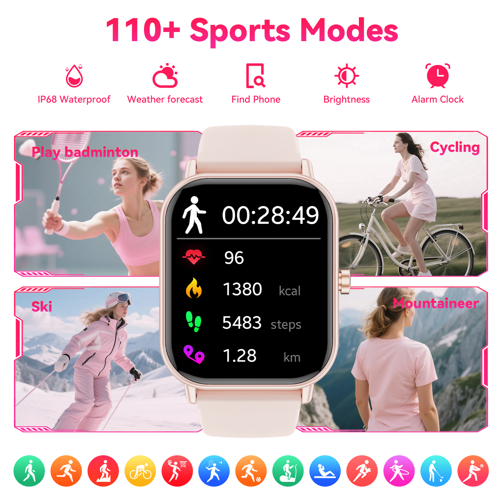Mingwear Smart Watch 1.85" Fitness Tracker Pink for Men & Women photo 6