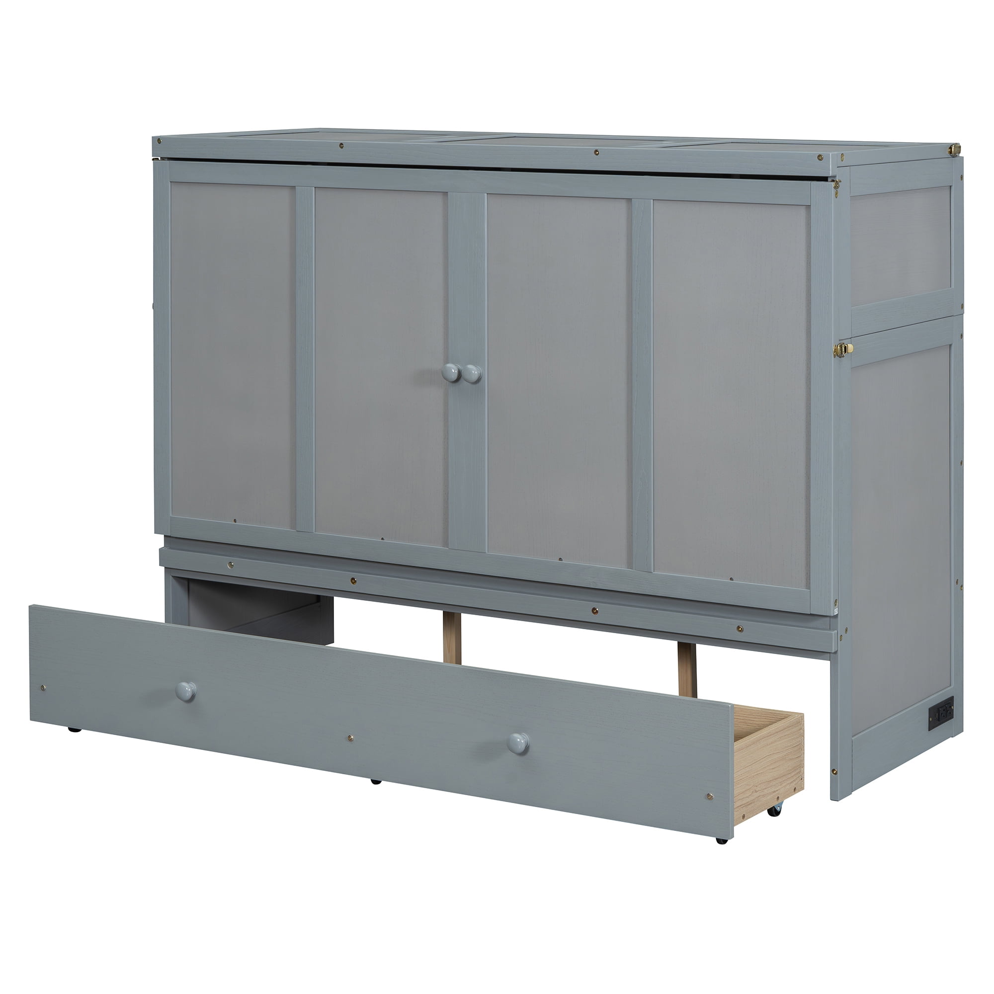 Aukfa Queen Size Murphy Bed with Charging Station, Cabinet Bed with Storage Drawers for Home/Office/Small Room, Queen Foldable Platform Bed, Gray