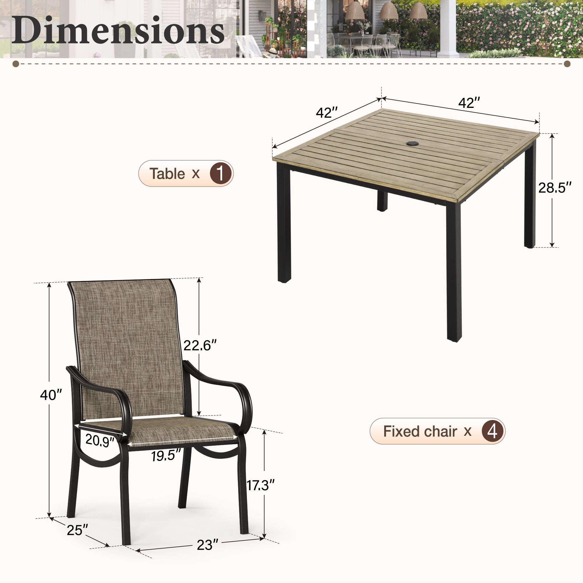 MF Studio 5-Piece Outdoor Patio Dining Set, 42" Wood-Grain Square Outdoor Patio Table and Textilene Chairs, Black & Brown-gray