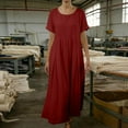 thumbnail image 5 of Horkkom Linen Dress Women Summer Short Sleeve Maxi Dress Casual Loose Flowy Pleated Dresses Crew Neck Solid Color Long Dresses S, 5 of 6