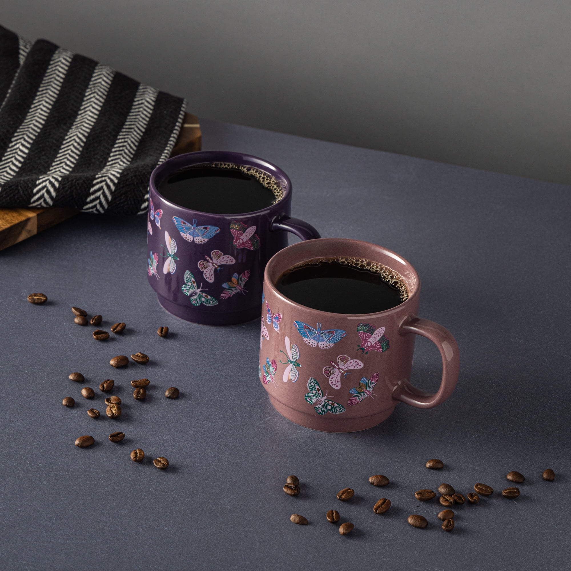 Thyme & Table 2 Pack Stacking Butterfly Purple Mugs 14.2 fl oz, Stoneware