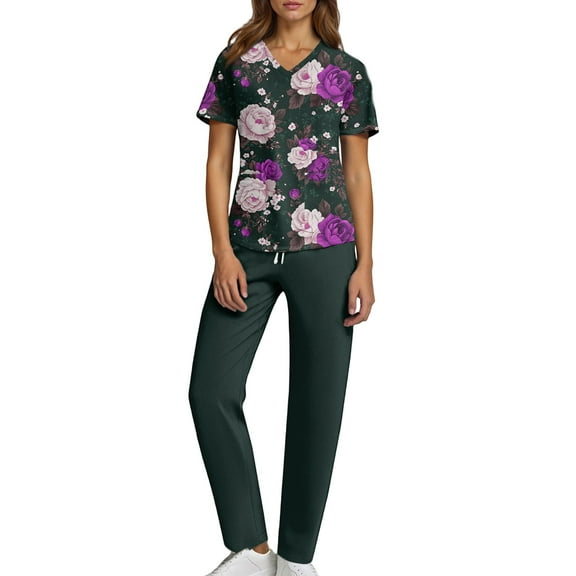 Domzest Scrubs for Women Set Clearance Plus Size Scrub Set Stretchy V-Neck Scrub Pants and Tops Nursing Top Medical Uniforms Scrub Jumpsuit S