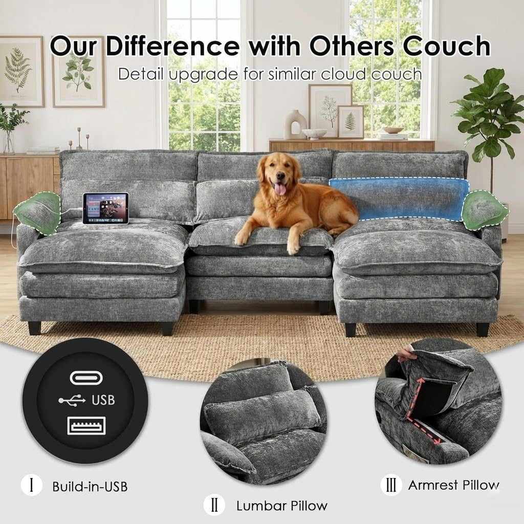 TiramisuBest 113" Cloud Couch Modular Sectional Sofa with 2 Ottomans, Premium Chenille Fabric Sectional Couch with Deep Seat for Living Room Bedroom (Gray)
