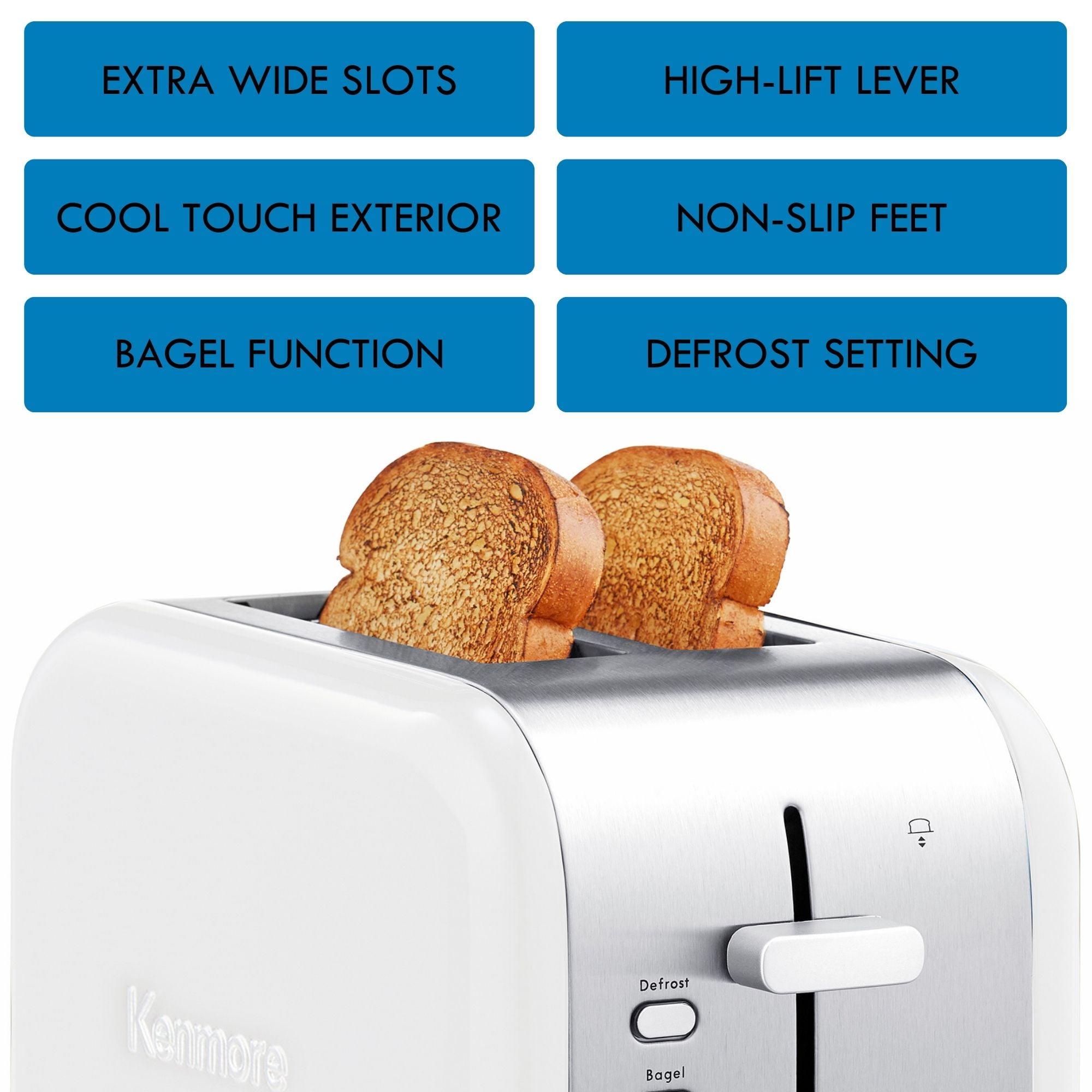 Kenmore 2-Slice White Stainless Steel Toaster, Wide Slot, Bagel/Defrost
