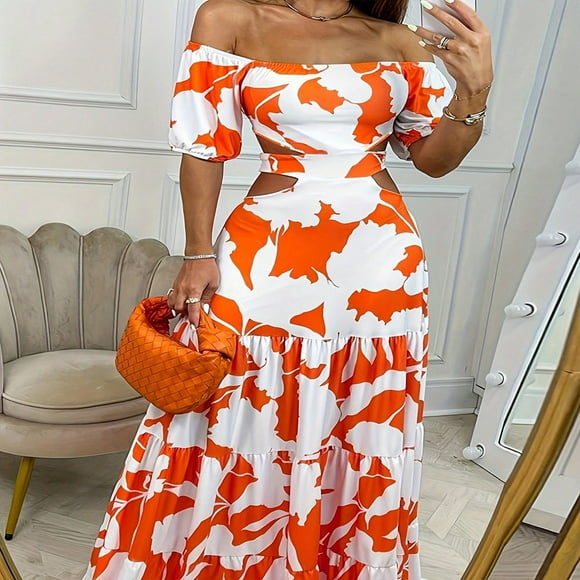 oyyn Women Elegant High Waist Floral Print Large Hem Long Party Dress Robe Female Clothes 2024 Chic Sexy Off The Shoulder Maxi Dresses XL