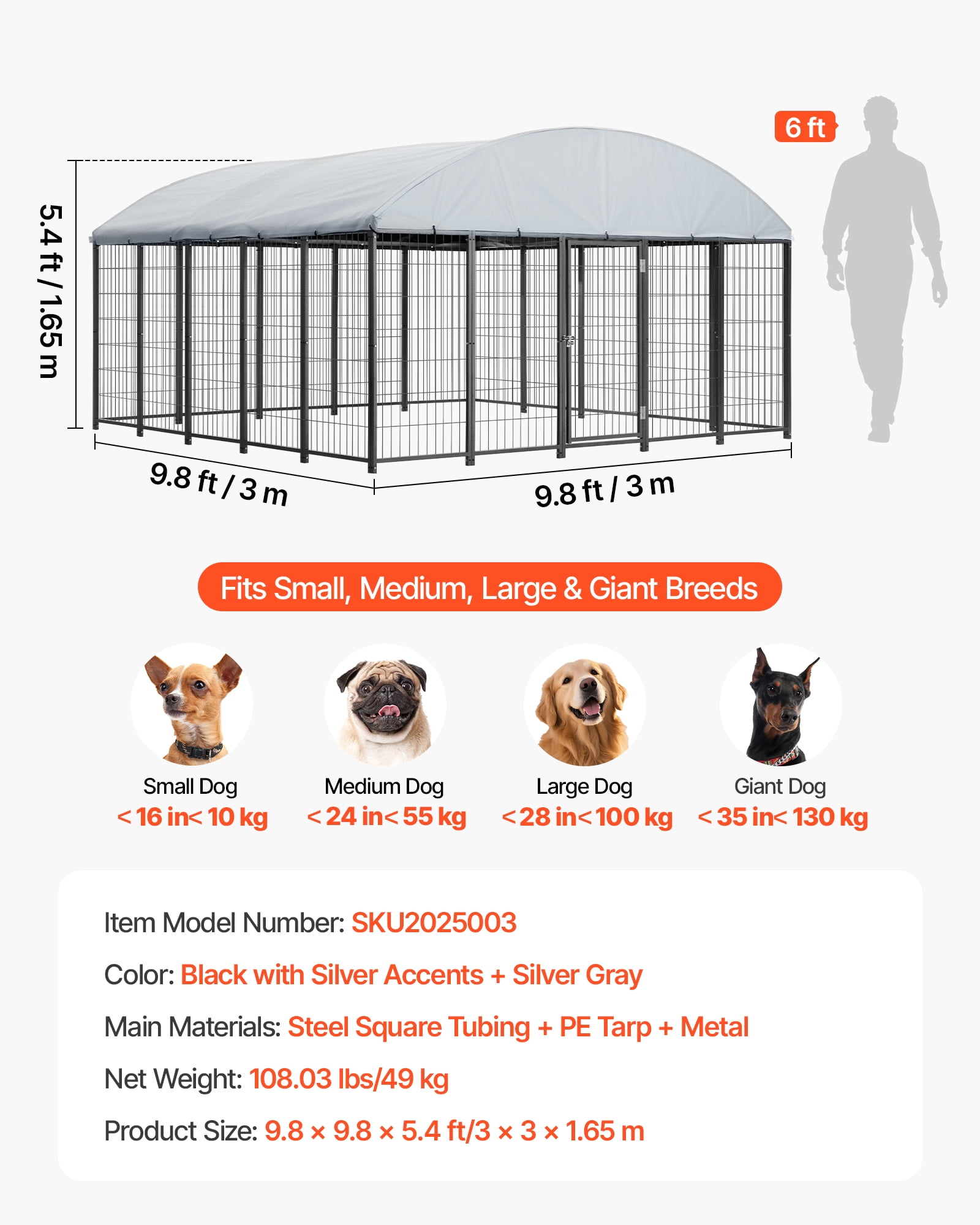 VEVOR Outdoor Dog Kennel, 9.8 x 9.8 x 5.4 ft Large Dog Kennel with Secure Lock, Outside Dogs Enclosures with UV-Resistant & Waterproof Roof Cover, Heavy Duty Pet Crate Cage Run for Large Dogs