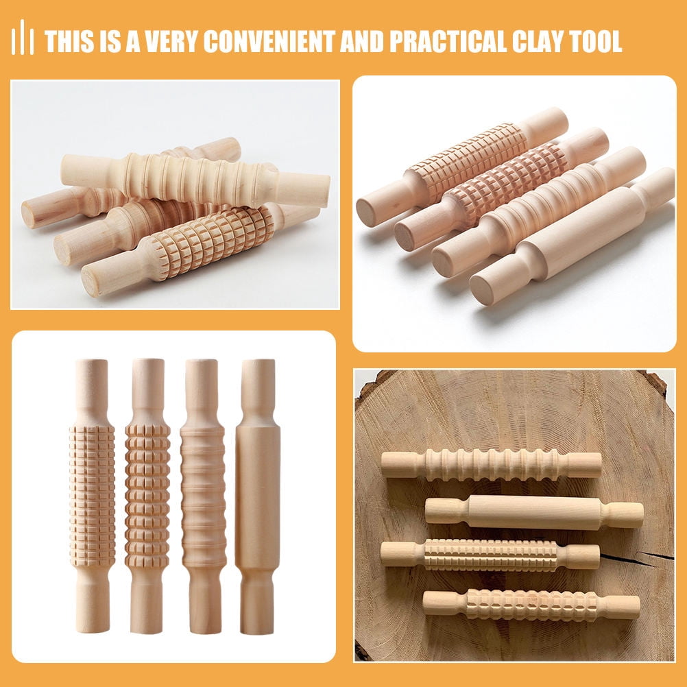 WORGEOUS 4Pcs Pottery Printing Rod Wood Texture Roller for Polymer Clay Diy Clay Sculpture Hobbyists