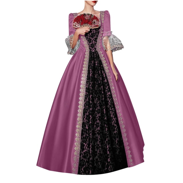Huanglei Robe Manche Femmes Robe Gothique Rétro Vintage Demi-Cour Robe pour Femmes