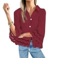 thumbnail image 4 of Women's Trendy Button Down Shirts Hollow 3/4 Flared Sleeve Blouse Solid Casual Collared Blouses Elegant Business Work Tops, 4 of 8