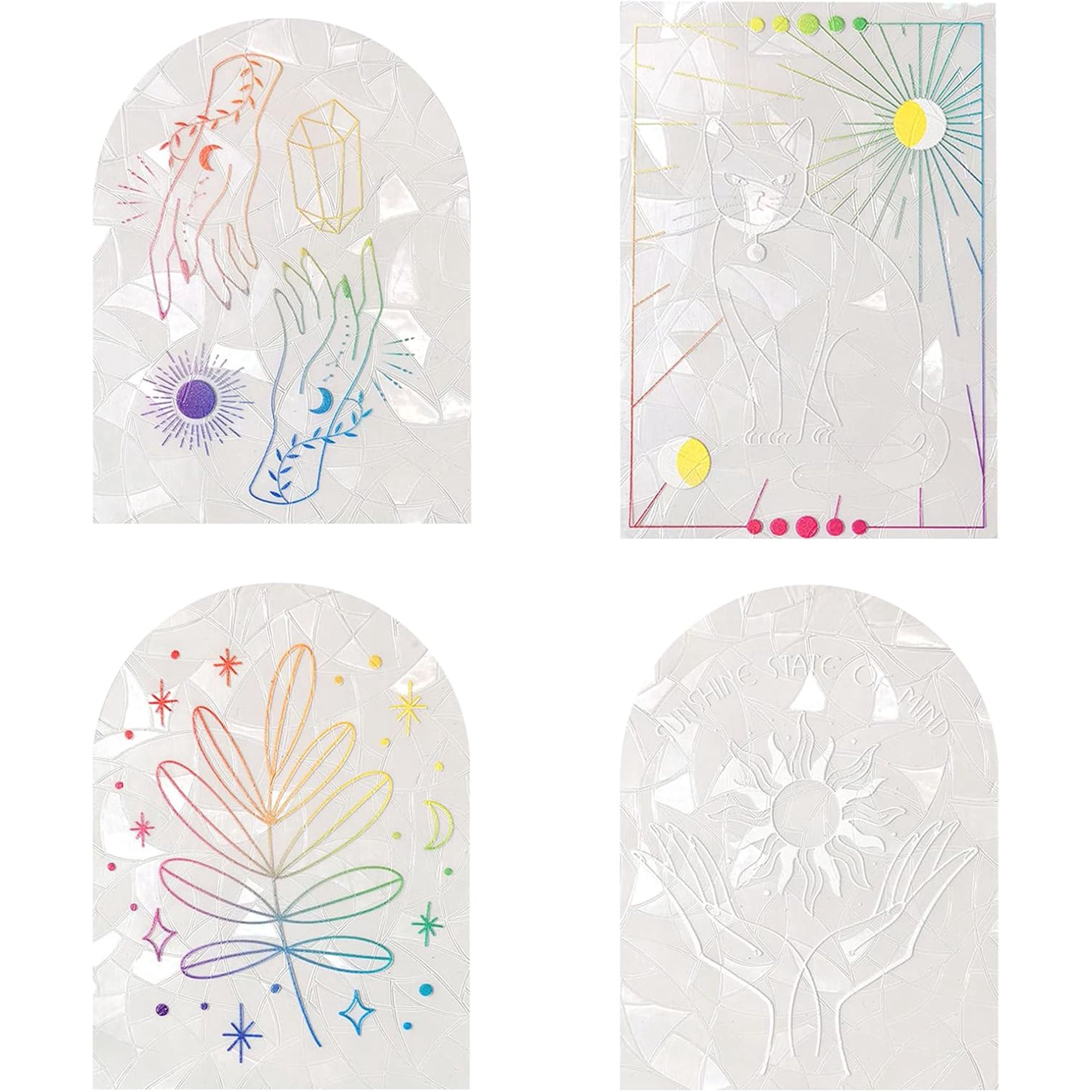 4Pcs Static Rainbow Window Clings Arch Leaf Sun Cat Pattern Suncatcher Window Stickers Anti-Collision Window Decals Non Adhesive Vinyl Film Handmade
