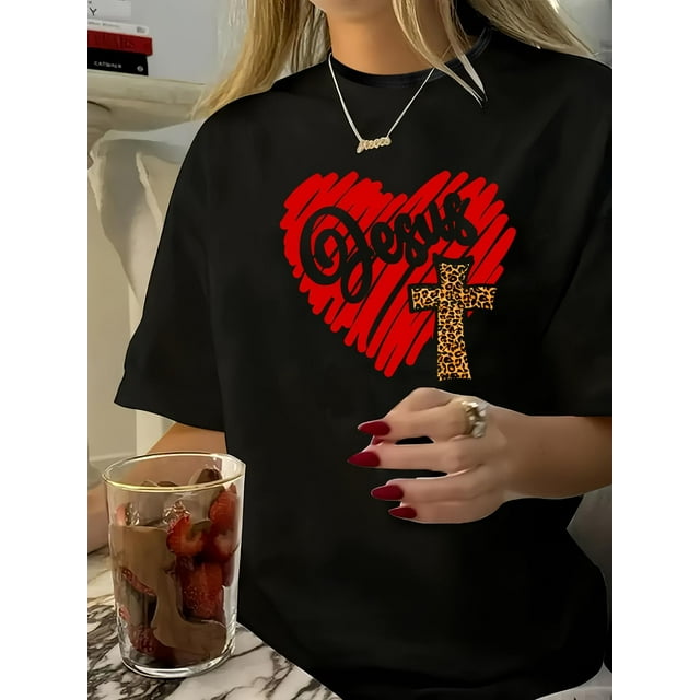 Women'S Casual T-Shirt with Geometric Jesus Heart Print, Knit Fabric with Slight Stretch, Crew Neck, Short Sleeve, Regular Length, Fashionable & Comfortable Spring/Summer Top Tee For Adult, Men, Wome