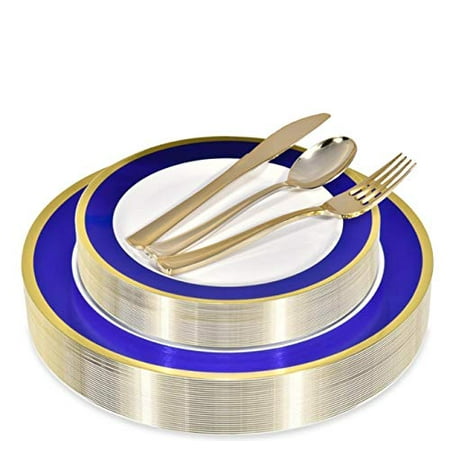 - Stock Your Home 125 Piece Place Setting- Blue & Gold Rim