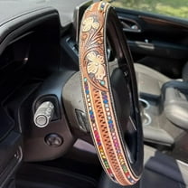 Western Cowboy Steering Wheel Cover, Rustic Western Country Cowboy Colorful Tooled Leather Car Steering Wheel Cover, SUV Wheel Protector, Breathable, Anti-Slip, Odorless, Universal for 14.5-15"