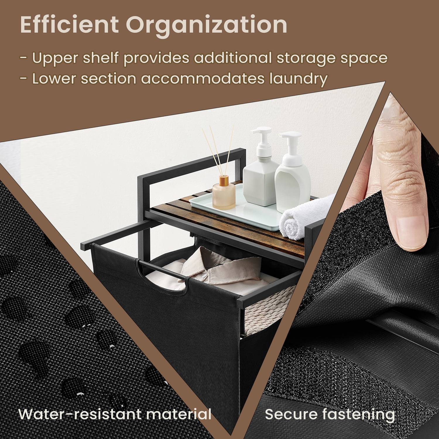 LEDREM Space-Saving Laundry Hamper with Shelf & Removable Bags, 17.2 Gallon Capacity, Metal Frame, for Small Spaces, Black and Rustic Brown