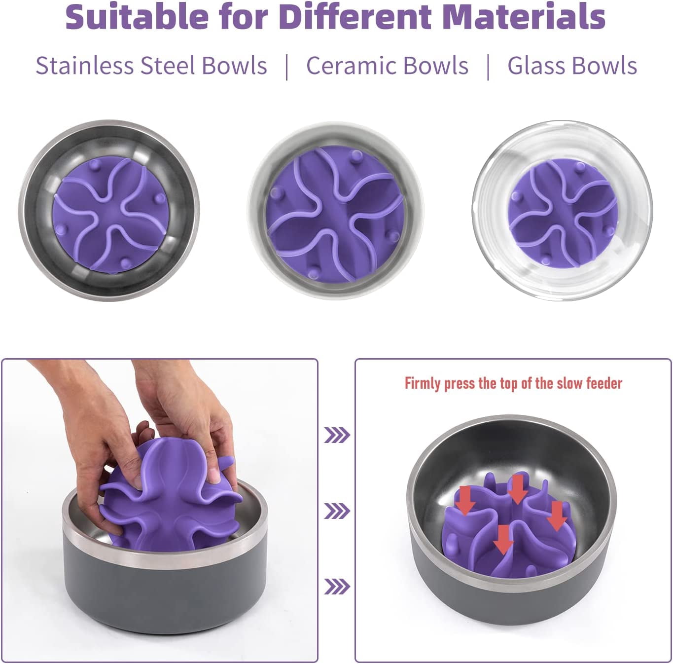Slow Feeder Dog Bowls Insert, Puzzle Slow Feeder with 51 Octopus Suction Cups for Medium Large Size Dog Bowls Over 6.5" Wide (Purple)