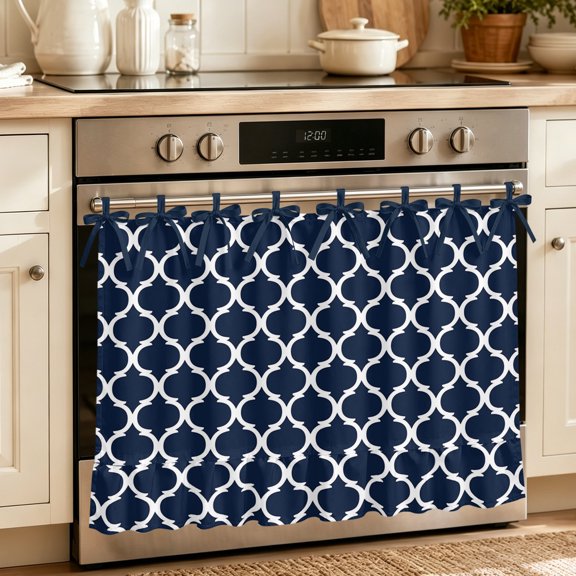 Oven Skirt Curtain for Kitchen 21.5x30 Inch, Navy Blue Morocco Pattern Oven Curtain with 8 Ribbon Ties & Ruffle Trim, Stove Skirt Curtain Dishwasher for Cabinets Sinks White Moroccan Geometric Art