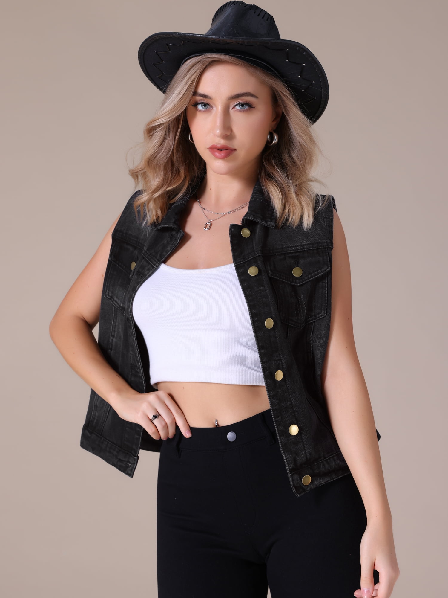 DARING DIVA Womens Denim Vest Button Down Jacket Sleeveless Jean Jacket M Black