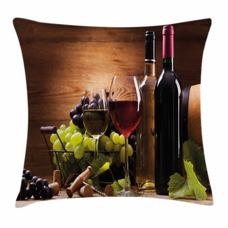 Decorative Wine Grapes Wine Throw Pillow Cushion Cover, Glasses of Red and White Wine Served with Grapes French Gourmet Tasting, Decorative Square Accent Pillow Case, 16 X 16 Inches, Brown Ruby Light Green, by Ambesonne ()