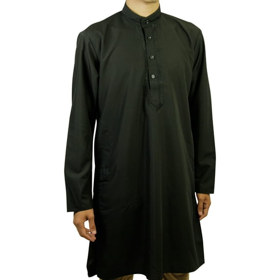 Hijaz Men's Embroidered Plain Black Kurta Top Wrinkle Free Cotton Long Tunic - L